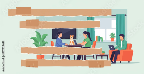 Three people and a dog working remotely in a modern, well-lit room