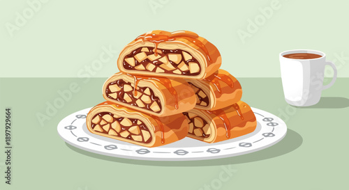 Stack of sweet apple strudel slices drizzled with glaze next to a coffee mug