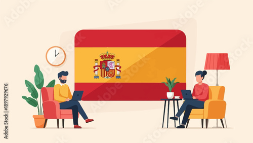 Two individuals work on laptops near a Spanish flag in a cozy indoor setting