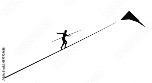 Silhouette of a person balancing on a tightrope with a kite flying above
