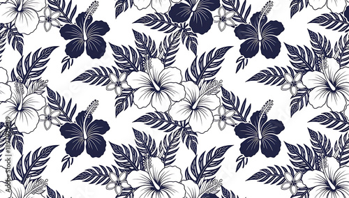 Navy blue hibiscus and tropical flower pattern on white