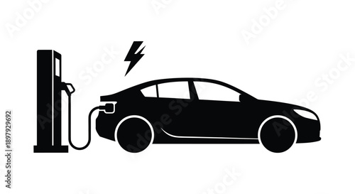 Electric car charging at a station shown in a simple graphic style