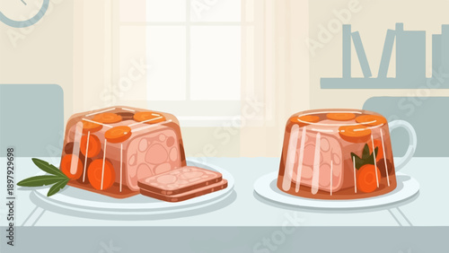 Two molded jellied meats with vegetables on plates in a soft light interior