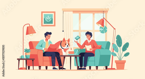 Two people and a dog relax in a cozy living room with houseplants and lamps