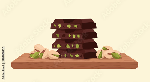 Stacked dark chocolate bars with pistachios on a wooden board