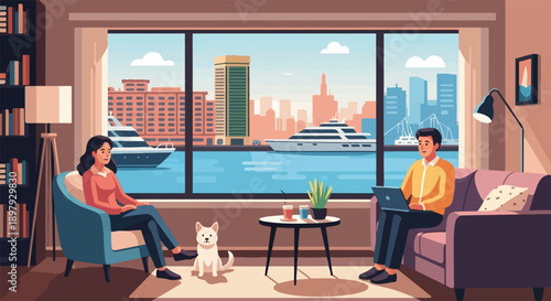 Two people and a dog relax in a cozy room with a harbor view