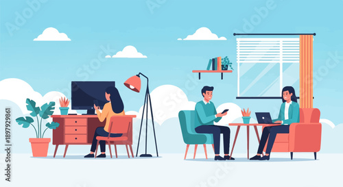 Two individuals work remotely on laptops and phones in a bright, cloud-filled setting