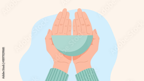 Two open hands cradle a light blue bowl against a soft background