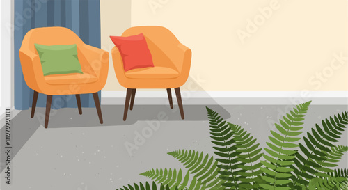 Two orange armchairs with cushions sit on a concrete patio near ferns