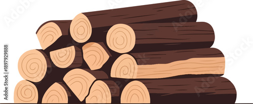 Stacked logs with visible wood grain and rings, isolated on white