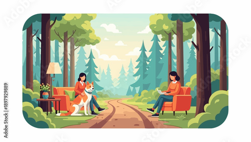 Two people and a dog relax in a forest with an indoor setting