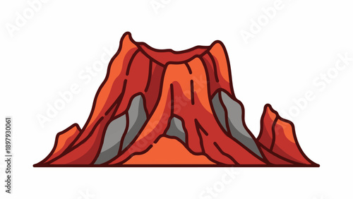 Stylized red volcano erupting with lava and grey rock formations