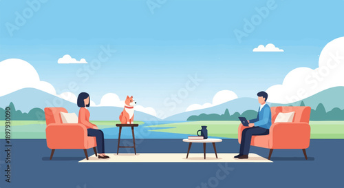 Two people and a dog relax in armchairs by a serene landscape