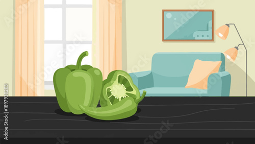 Still life of green peppers on a dark table, beside a sofa