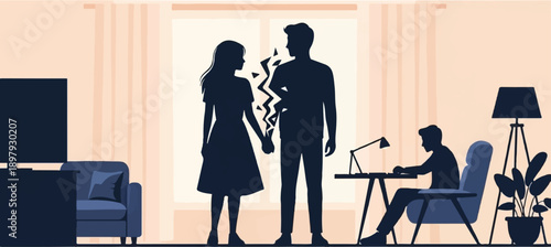 Silhouette couple divorcing, man works alone at desk in home