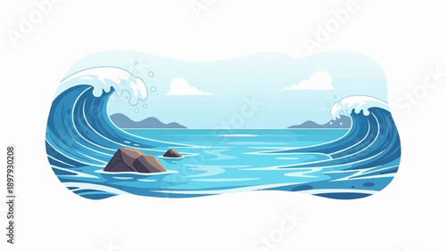 Two large ocean waves crash near rocky outcrops under a bright sky