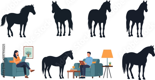 Silhouette horses and people interacting with technology and in domestic settings