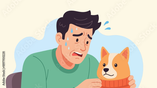 Stressed man sweating, holding his anxious dog in a sweater