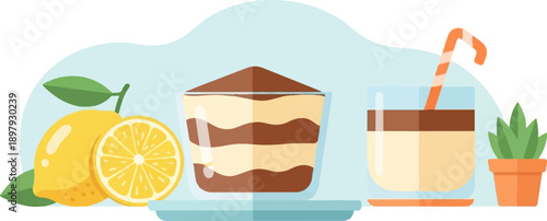 Two layered desserts, a lemon, and a potted plant with a striped straw