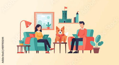 Two people and a dog relax in cozy chairs, each on a laptop, with decorative elements