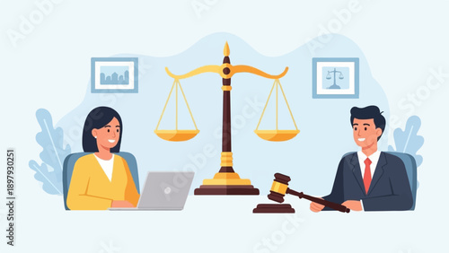 Two legal professionals with scales of justice, gavel, and laptop