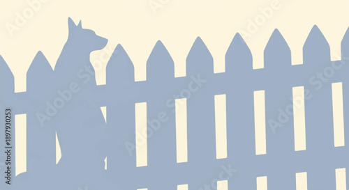 Silhouette of a dog looking over a picket fence against a cream background