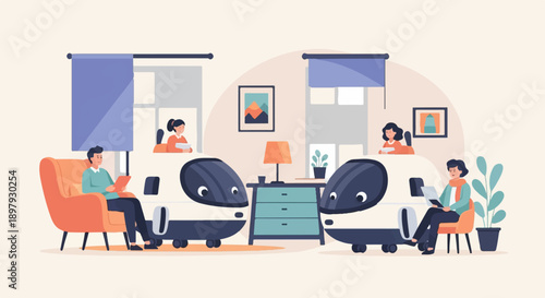 Two pairs of people interact with technology beside train-like objects