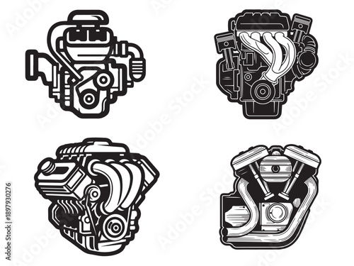 Set of Inline Four Cylinder Engine Technical Icons