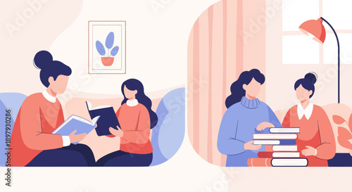 Two pairs of people reading books in cozy indoor settings