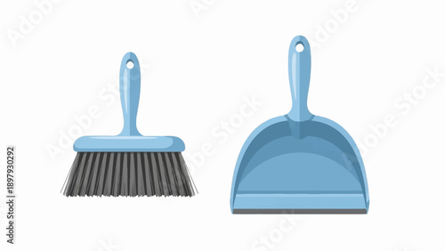 Two light blue cleaning tools, a brush and a dustpan, are shown isolated