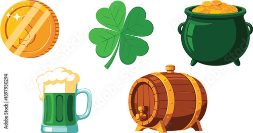 St patrick's day symbols and icons shamrock pot of gold beer barrel and coin