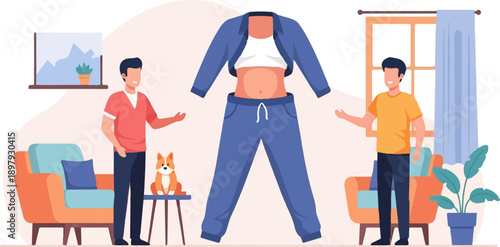 Two men and a dog observe floating apparel in a cozy room