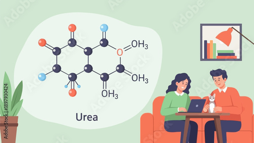 Two people, a cat, a plant, and a molecule on a light green background