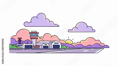 Stylized airport scene with control tower, hangars, runway, and clouds
