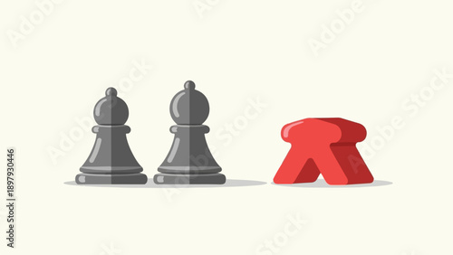 Two grey chess pieces face a single red game piece on a light background