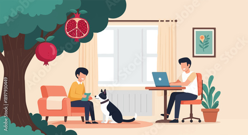 Two men and a dog relax indoors near a pomegranate tree