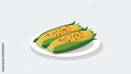 Two grilled corn cobs with green husks sit on a white plate