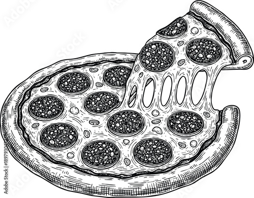 Engraving art handdrawn sketch of a pepperoni pizza slice being pulled away, showing melted cheese stretch vector