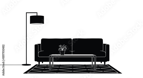 Minimalist living room interior with black furniture and a patterned rug