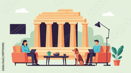Two people and a dog relax near a building with columns, working on laptops