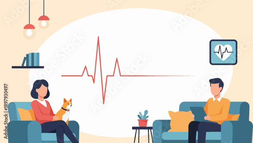 Two people, a dog, and a heartbeat graph in a cozy room