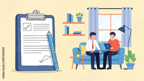 Two men collaborate on a document with a clipboard and laptop