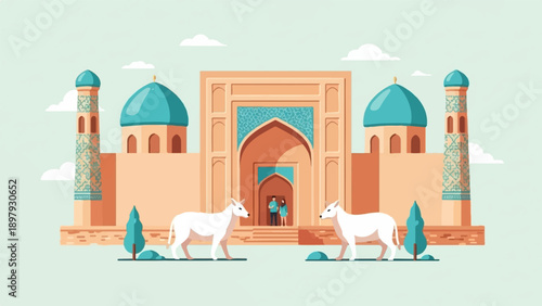Stylized architecture featuring two white cows and two people before a grand entrance