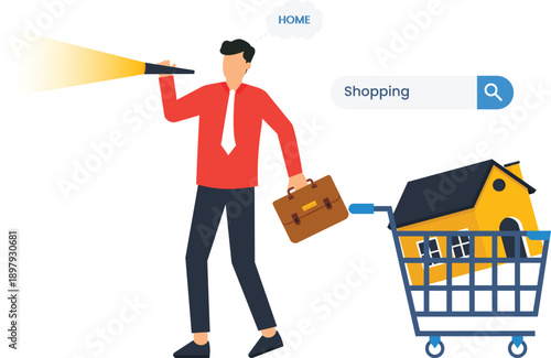 Businessman searching property investment concept using telescope finding house shopping cart real estate home buying financial planning mortgage loan