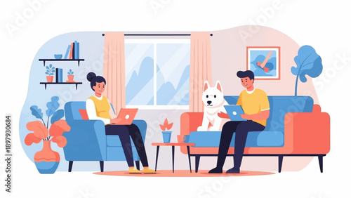 Two people and a dog relax on couches with laptops