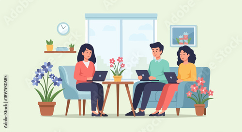 Three people on sofa with laptops, plants, and window view