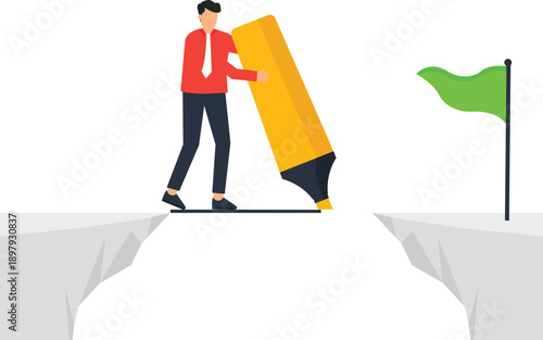 Businessman crossing chasm using giant marker achieving goals overcoming obstacles strategic planning solution finding gap bridging success concept forward movement risk taking flat design
