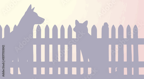 Silhouettes of a dog and cat sit behind a picket fence against a pastel sky