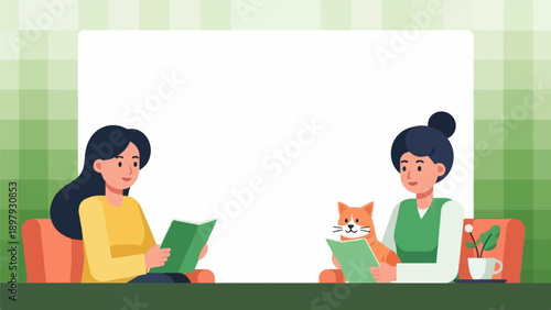 Two people and a cat reading books with a plant and cup nearby