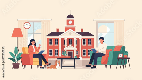 Two people and a dog relaxing in a room with a building in the background